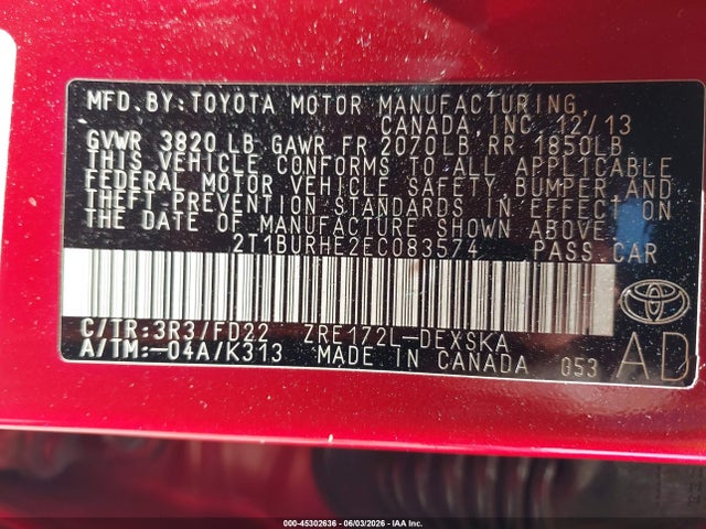 Продаж на аукціоні авто 2014 Toyota Corolla S Plus, vin: 2T1BURHE2EC083574, номер лоту: 45302636