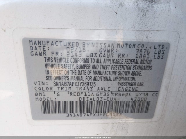 Продажа на аукционе авто 2018 Nissan Sentra S, vin: 3N1AB7APXJY269135, номер лота: 45302645