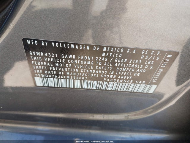 Aukcja sprzedaży 2015 Volkswagen Jetta 1.8t Se, vin: 3VWD07AJXFM299887, numer aukcji: 45302657