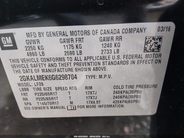 Продажа на аукционе авто 2016 Gmc Terrain Sle-1, vin: 2GKALMEK6G6298704, номер лота: 45302658