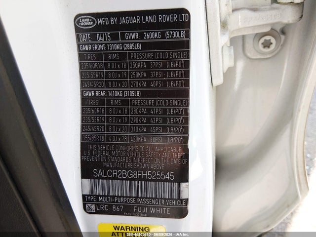 2015 Land Rover Discovery Sport Hse მანქანა იყიდება აუქციონზე, vin: SALCR2BG8FH525545, აუქციონის ნომერი: 45302660