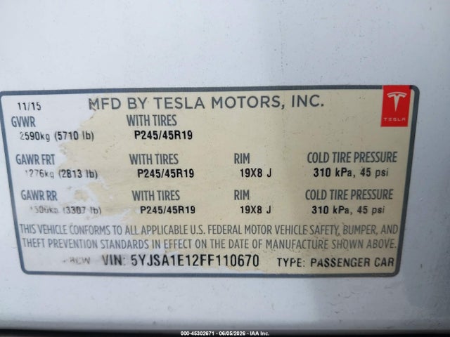 Продажа на аукционе авто 2015 Tesla Model S 60/70/85, vin: 5YJSA1E12FF110670, номер лота: 45302671