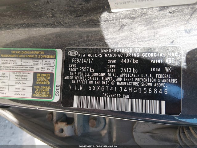Aukcja sprzedaży 2017 Kia Optima Lx, vin: 5XXGT4L34HG156846, numer aukcji: 45302672