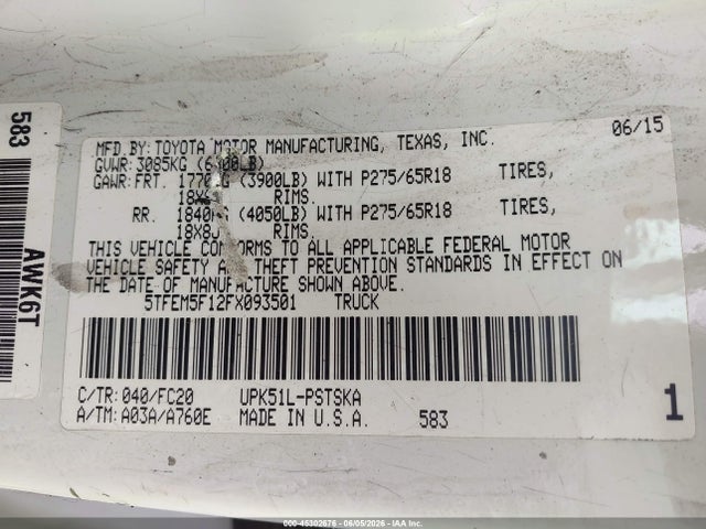 5TFEM5F12FX093501 Toyota Tundra Sr5 4.6l V8