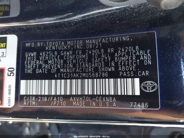 4T1C31AK2MU568786 Toyota Camry Le Hybrid