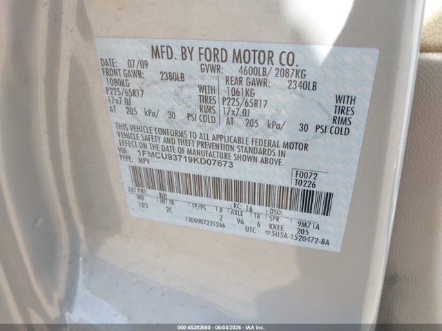 Aukcja sprzedaży 2009 Ford Escape Xlt, vin: 1FMCU93719KD07673, numer aukcji: 45302690