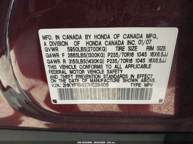 2007 Honda Pilot Ex მანქანა იყიდება აუქციონზე, vin: 2HKYF18427H528408, აუქციონის ნომერი: 45302696
