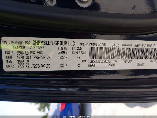 45302703 :رقم المزاد ، 1C6RR7LT2DS545307 vin ، 2013 Ram 1500 Slt مزاد بيع