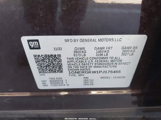 Aukcja sprzedaży 2023 Chevrolet Traverse Fwd Lt Cloth, vin: 1GNERGKW1PJ175455, numer aukcji: 45302709
