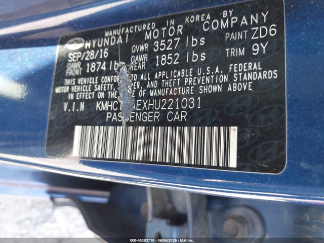 45302710 :رقم المزاد ، KMHCT4AEXHU221031 vin ، 2017 Hyundai Accent Se مزاد بيع