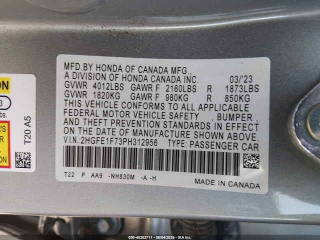 Honda Civic Ex/ex W/o Bsi 2023 2HGFE1F73PH312956 Image 9