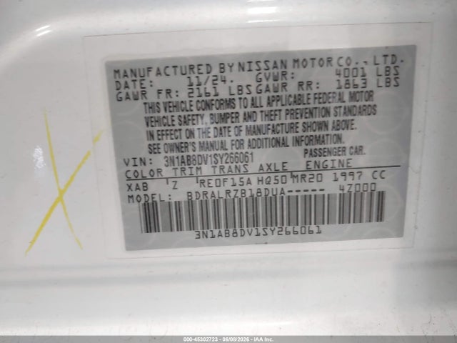 2025 Nissan Sentra Sr მანქანა იყიდება აუქციონზე, vin: 3N1AB8DV1SY266061, აუქციონის ნომერი: 45302723
