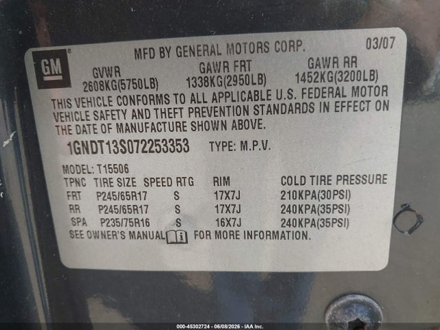 Продажа на аукционе авто 2007 Chevrolet Trailblazer Ls, vin: 1GNDT13S072253353, номер лота: 45302724