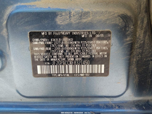2015 Subaru Xv Crosstrek 2.0i Premium მანქანა იყიდება აუქციონზე, vin: JF2GPACCXF8321450, აუქციონის ნომერი: 45302725