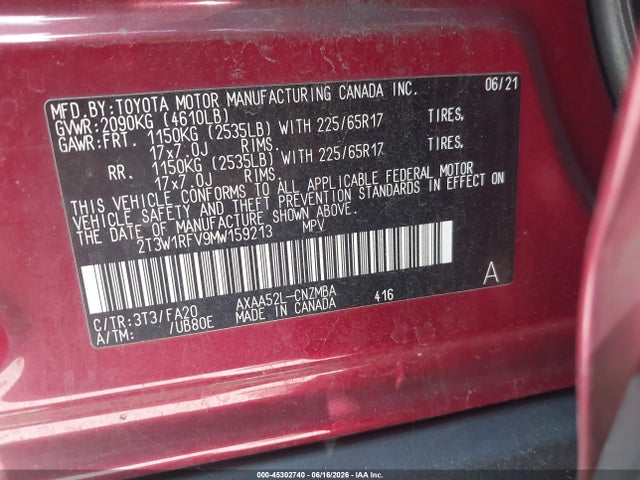 2T3W1RFV9MW159213 Toyota Rav4 Xle