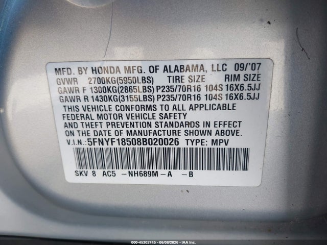 45302745 :رقم المزاد ، 5FNYF18508B020026 vin ، 2008 Honda Pilot Ex-l مزاد بيع