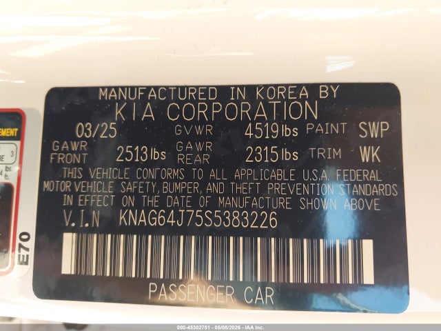 2025 Kia K5 Gt-line მანქანა იყიდება აუქციონზე, vin: KNAG64J75S5383226, აუქციონის ნომერი: 45302751