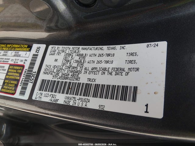 45302758 :رقم المزاد ، 5TFLA5DB0RX222903 vin ، 2024 Toyota Tundra Sr5 مزاد بيع