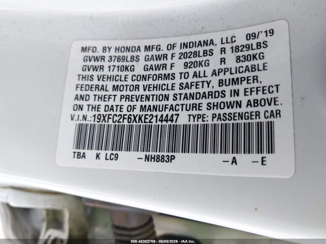 Honda Civic Lx 2019 19XFC2F6XKE214447 Image 9