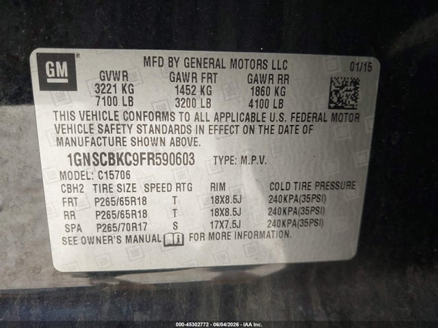 Продаж на аукціоні авто 2015 Chevrolet Tahoe Lt, vin: 1GNSCBKC9FR590603, номер лоту: 45302772