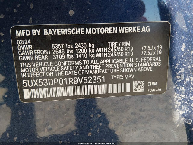45302781 :رقم المزاد ، 5UX53DP01R9V52351 vin ، 2024 Bmw X3 Xdrive30i مزاد بيع