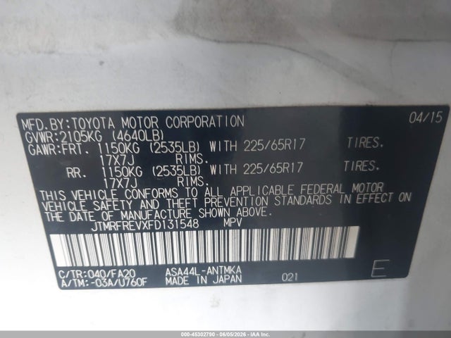JTMRFREVXFD131548 Toyota Rav4 Xle