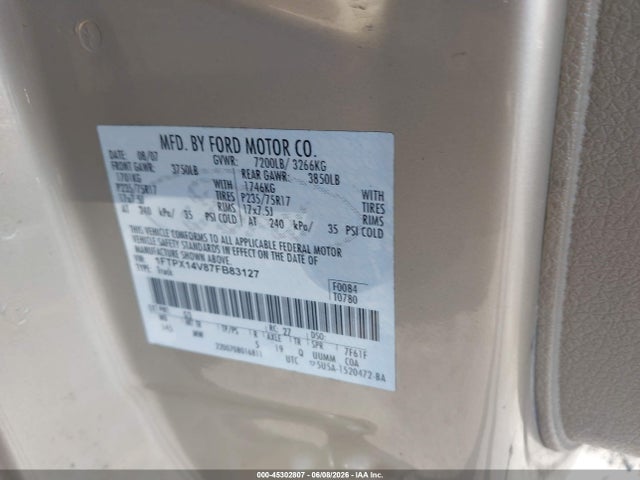 Aukcja sprzedaży 2007 Ford F-150 Fx4/lariat/xl/xlt, vin: 1FTPX14V87FB83127, numer aukcji: 45302807