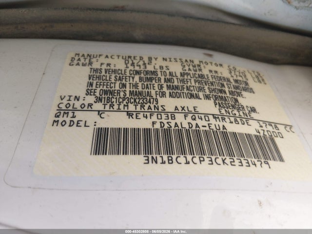 Aukcja sprzedaży 2012 Nissan Versa 1.8 S, vin: 3N1BC1CP3CK233479, numer aukcji: 45302808