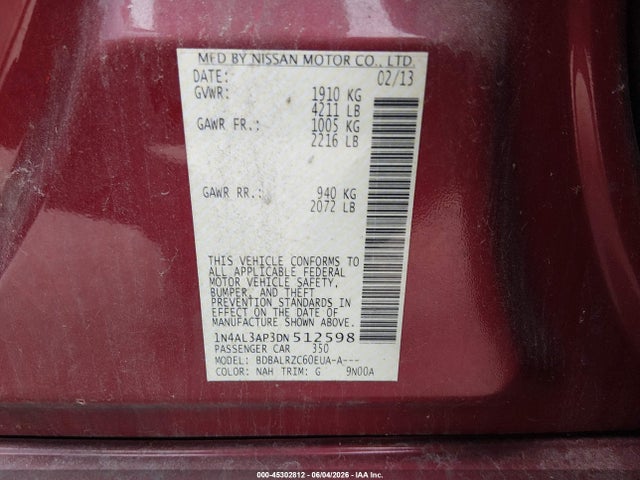 45302812 :رقم المزاد ، 1N4AL3AP3DN512598 vin ، 2013 Nissan Altima 2.5 S مزاد بيع