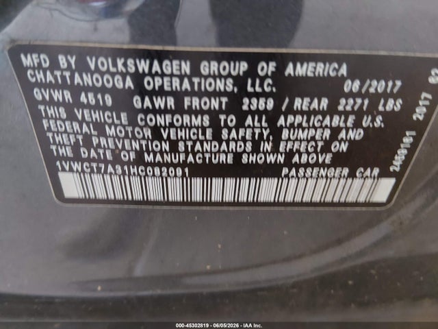 Продаж на аукціоні авто 2017 Volkswagen Passat 1.8t Sel Premium, vin: 1VWCT7A31HC082091, номер лоту: 45302819