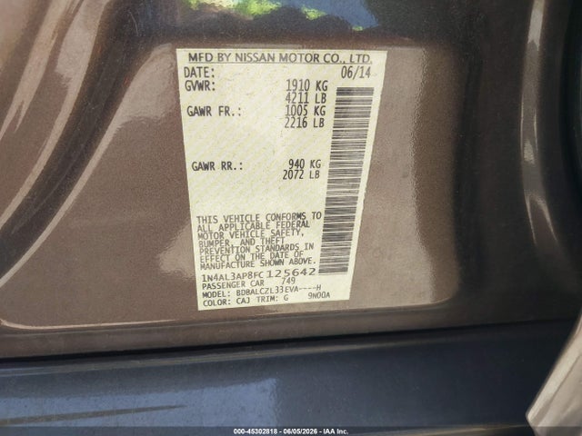 Продажа на аукционе авто 2015 Nissan Altima 2.5 S, vin: 1N4AL3AP8FC125642, номер лота: 45302818