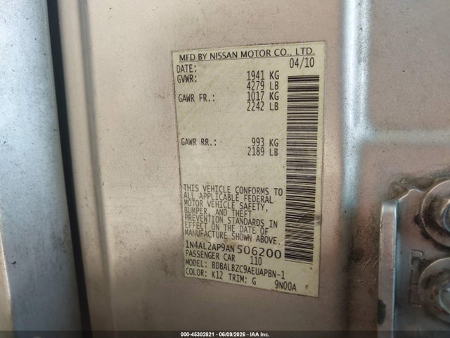 2010 Nissan Altima 2.5 S მანქანა იყიდება აუქციონზე, vin: 1N4AL2AP9AN506200, აუქციონის ნომერი: 45302821