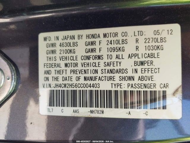 2012 Acura Tsx 2.4 მანქანა იყიდება აუქციონზე, vin: JH4CW2H56CC004403, აუქციონის ნომერი: 45302827