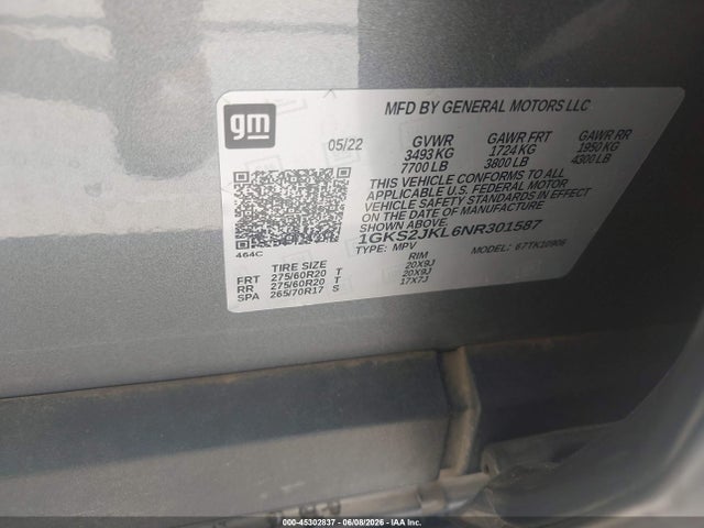 2022 Gmc Yukon Xl 4wd Denali მანქანა იყიდება აუქციონზე, vin: 1GKS2JKL6NR301587, აუქციონის ნომერი: 45302837