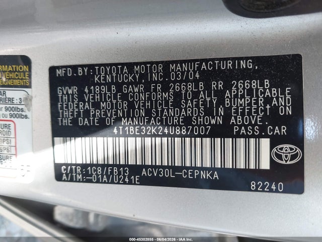 Aukcja sprzedaży 2004 Toyota Camry Le, vin: 4T1BE32K24U887007, numer aukcji: 45302855