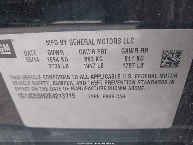 45302858 :رقم المزاد ، 1G1JC5SH2E4213715 vin ، 2014 Chevrolet Sonic Lt Auto مزاد بيع