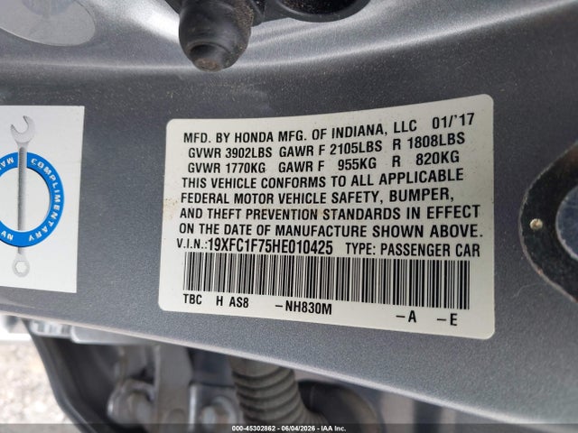 Продажа на аукционе авто 2017 Honda Civic Ex-l, vin: 19XFC1F75HE010425, номер лота: 45302862