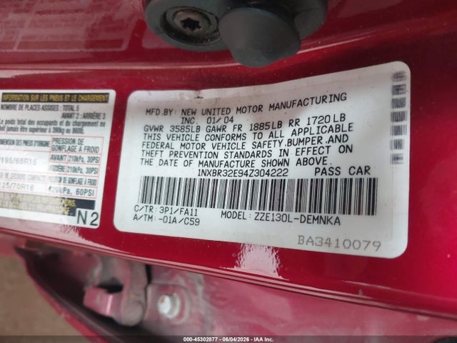 Auction sale of the 2004 Toyota Corolla Le, vin: 1NXBR32E94Z304222, lot number: 45302877