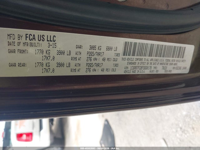 45302893 :رقم المزاد ، 1C6RR7FG9FS660178 vin ، 2015 Ram 1500 Tradesman مزاد بيع