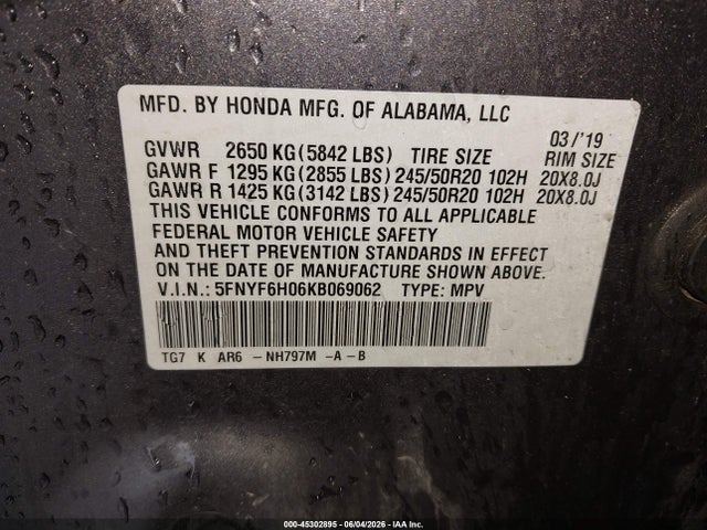 Honda Pilot Elite 2019 5FNYF6H06KB069062 Image 9