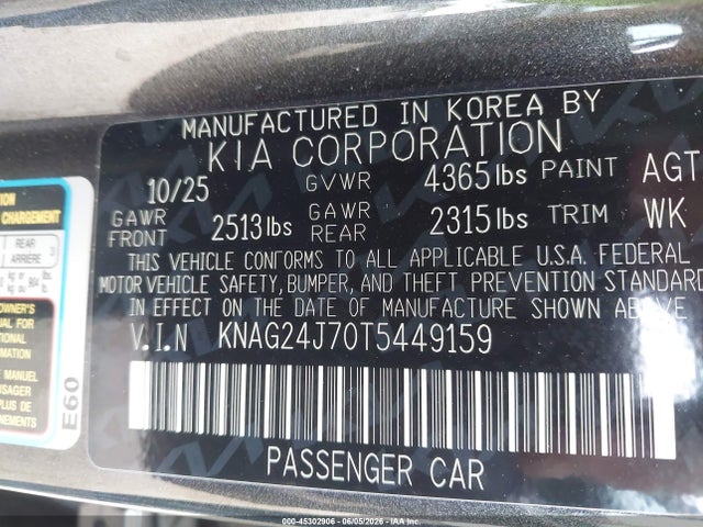KNAG24J70T5449159 KIA K5 Lxs Fwd
