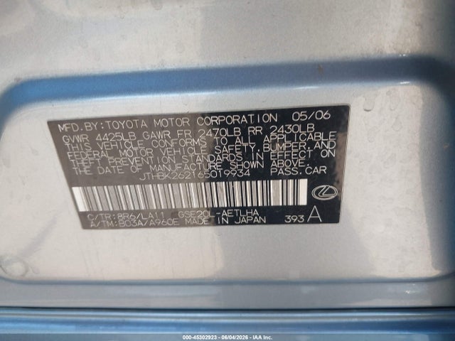 Aukcja sprzedaży 2006 Lexus Is 250, vin: JTHBK262165019934, numer aukcji: 45302923
