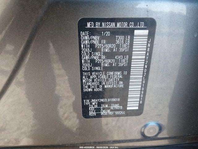Продажа на аукционе авто 2020 Nissan Armada Sl 2wd, vin: JN8AY2ND2L9109018, номер лота: 45302928