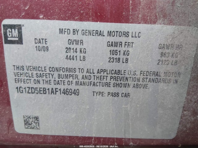 Aukcja sprzedaży 2010 Chevrolet Malibu Lt, vin: 1G1ZD5EB1AF146949, numer aukcji: 45302935