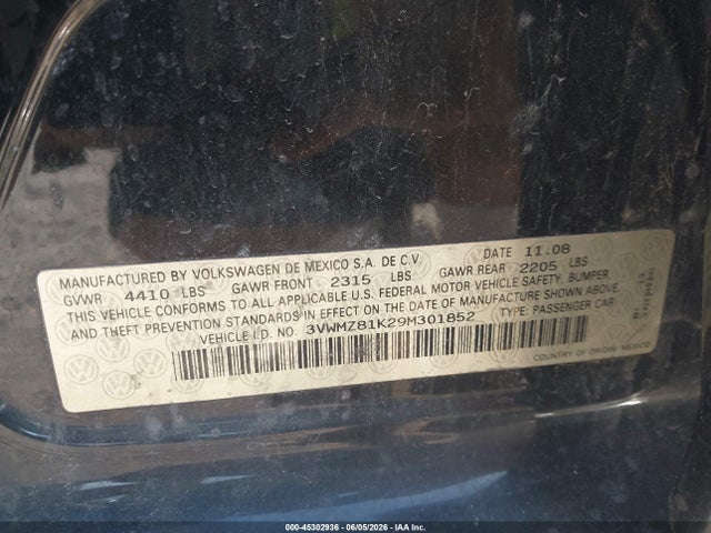 45302936 :رقم المزاد ، 3VWMZ81K29M301852 vin ، 2009 Volkswagen Jetta 2.5l S مزاد بيع