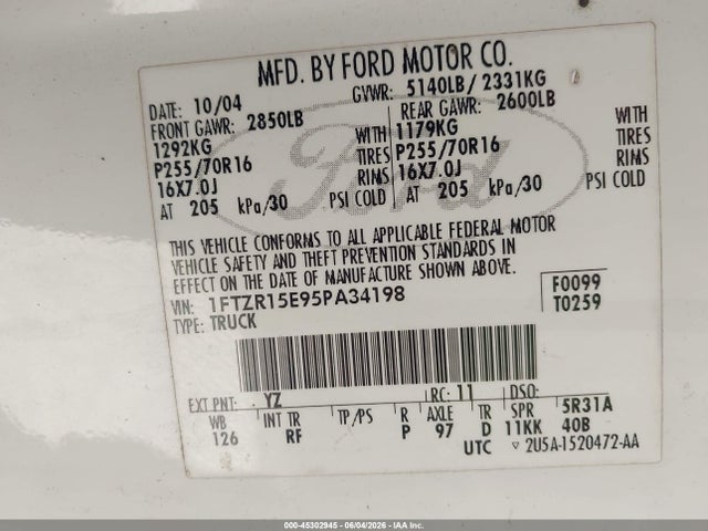 45302945 :رقم المزاد ، 1FTZR15E95PA34198 vin ، 2005 Ford Ranger Edge/xl/xlt مزاد بيع