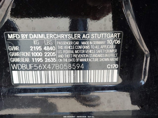 Aukcja sprzedaży 2007 Mercedes-benz E 350, vin: WDBUF56X47B058594, numer aukcji: 45302947