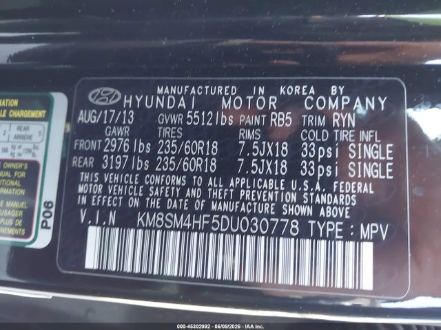 Продаж на аукціоні авто 2013 Hyundai Santa Fe Gls, vin: KM8SM4HF5DU030778, номер лоту: 45302992