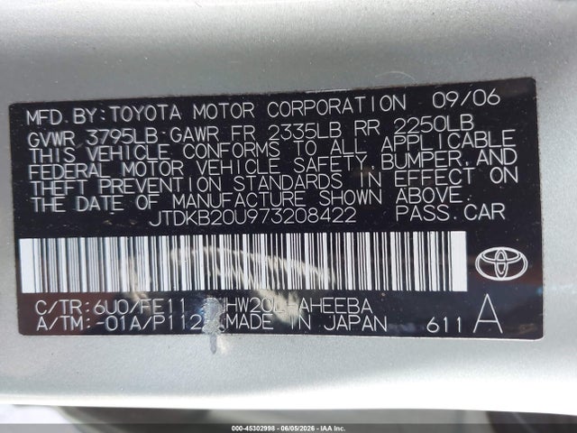 Aukcja sprzedaży 2007 Toyota Prius, vin: JTDKB20U973208422, numer aukcji: 45302998