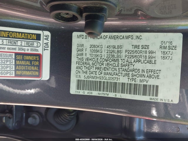 Honda Cr-v Touring 2016 5J6RM3H93GL005731 Image 9